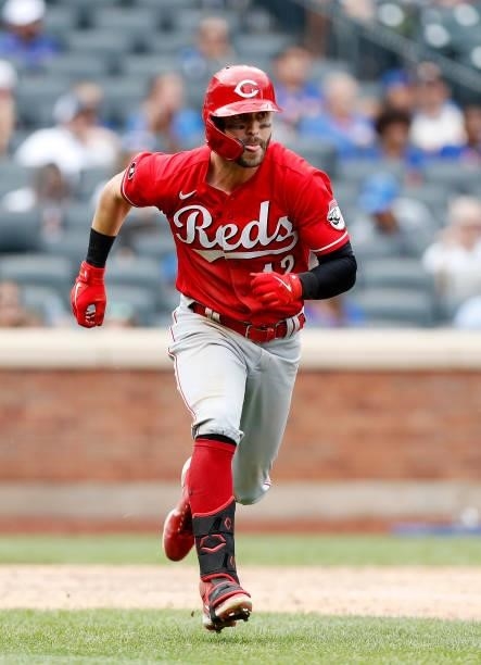 Tyler Naquin of the Cincinnati Reds in action against the New York Mets at Citi Field on August 01, 2021 in New York City. The Reds defeated the Mets...