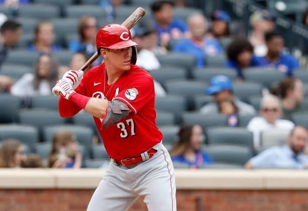 Tyler Stephenson of the Cincinnati Reds in action against the New York Mets at Citi Field on August 01, 2021 in New York City. The Reds defeated the...