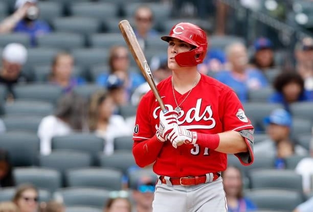 Tyler Stephenson of the Cincinnati Reds in action against the New York Mets at Citi Field on August 01, 2021 in New York City. The Reds defeated the...