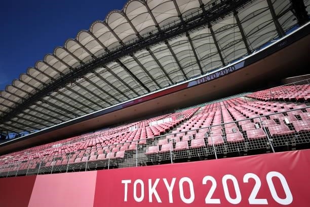 General view inside the stadium prior to the Men's Football Semi-final match between Mexico and Brazil at Kashima Stadium on August 03, 2021 in...