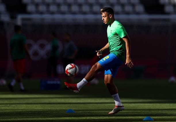 Gabriel Menino of Team Brazil controls the ball as he warms up prior to the Men's Football Semi-final match between Mexico and Brazil on day eleven...