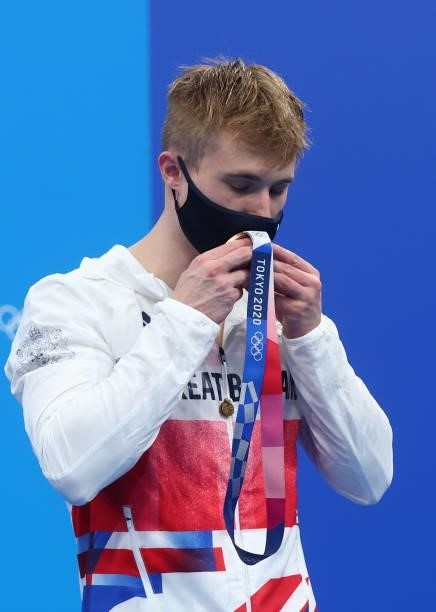 Bronze medalist Jack Laugher of Team Great Britain poses during the medal ceremony for the Men's 3m Springboard Final on day eleven of the Tokyo 2020...