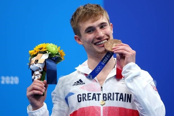 Bronze medalist Jack Laugher of Team Great Britain poses during the medal ceremony for the Men's 3m Springboard Final on day eleven of the Tokyo 2020...