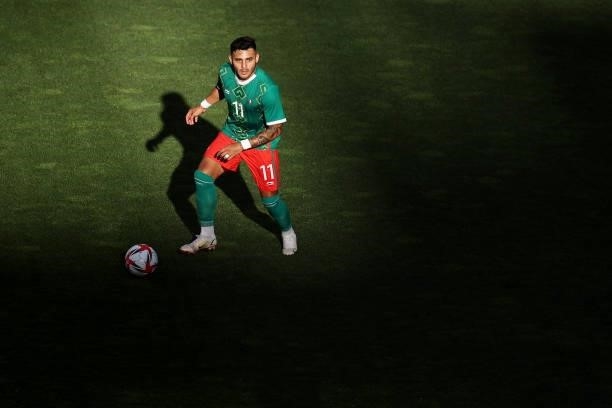 Alexis Vega of Team Mexico in possession during the Men's Football Semi-final match between Mexico and Brazil on day eleven of the Tokyo 2020 Olympic...