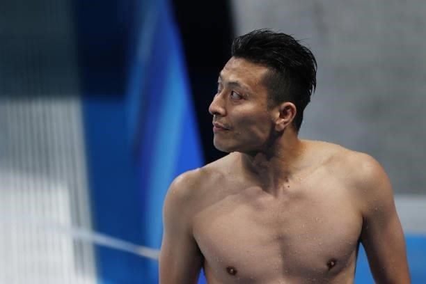 Ken Terauchi of Team Japan looks on in the Men's 3m Springboard Final on day eleven of the Tokyo 2020 Olympic Games at Tokyo Aquatics Centre on...