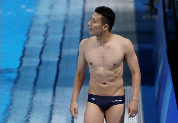 Ken Terauchi of Team Japan looks on in the Men's 3m Springboard Final on day eleven of the Tokyo 2020 Olympic Games at Tokyo Aquatics Centre on...