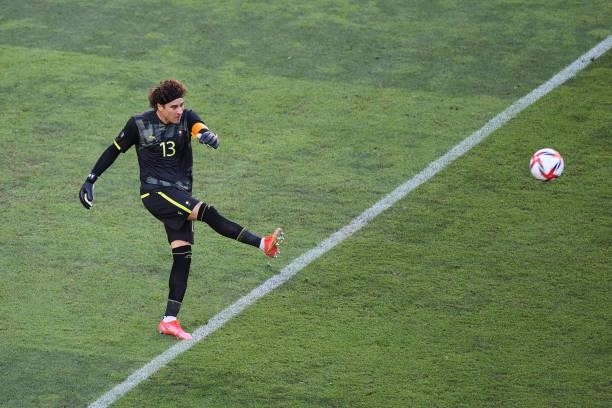 Guillermo Ochoa of Team Mexico makes a pass during the Men's Football Semi-final match between Mexico and Brazil on day eleven of the Tokyo 2020...