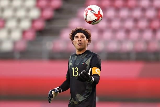 Guillermo Ochoa of Team Mexico looks on during the Men's Football Semi-final match between Mexico and Brazil on day eleven of the Tokyo 2020 Olympic...