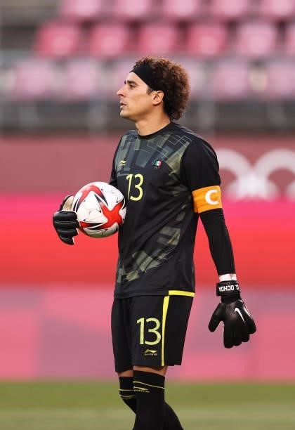Guillermo Ochoa of Team Mexico looks on during the Men's Football Semi-final match between Mexico and Brazil on day eleven of the Tokyo 2020 Olympic...