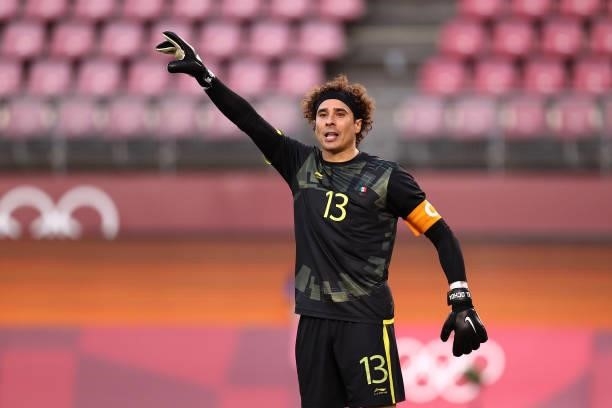Guillermo Ochoa of Team Mexico gestures during the Men's Football Semi-final match between Mexico and Brazil on day eleven of the Tokyo 2020 Olympic...