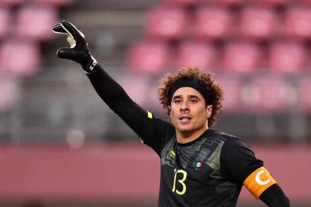 Guillermo Ochoa of Team Mexico gestures during the Men's Football Semi-final match between Mexico and Brazil on day eleven of the Tokyo 2020 Olympic...
