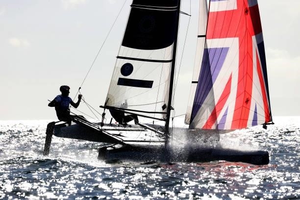 John Gimson and Anna Burnet of Team Great Britain in the Nacra 17 Foiling class on day eleven of the Tokyo 2020 Olympic Games at Enoshima Yacht...