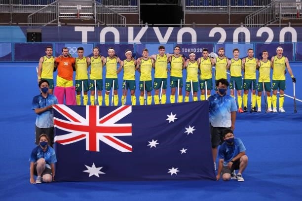 Team Australia sing their national anthem prior to the Men's Semifinal match between Australia and Germany on day eleven of the Tokyo 2020 Olympic...