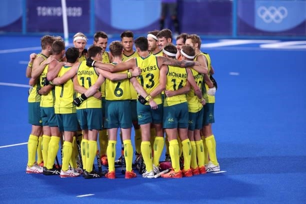 Team Australia huddle prior to the Men's Semifinal match between Australia and Germany on day eleven of the Tokyo 2020 Olympic Games at Oi Hockey...