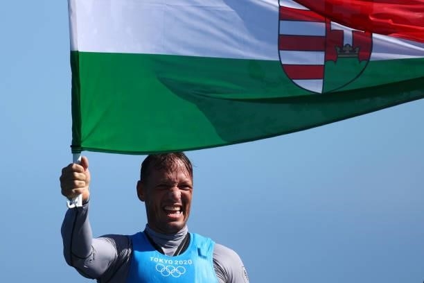 Silver medalist Zsombor Berecz of Team Hungary celebrates following the Men's Finn class medal race on day eleven of the Tokyo 2020 Olympic Games at...
