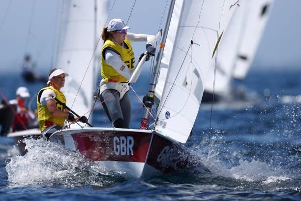 Hannah Mills and Eilidh McIntyre of Team Great Britain compete in the Women's 470 class on day eleven of the Tokyo 2020 Olympic Games at Enoshima...