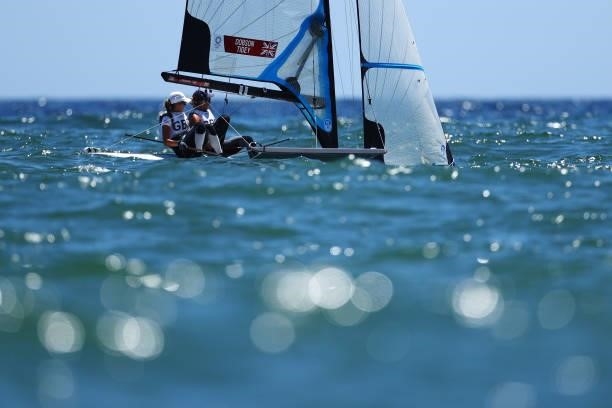 Charlotte Dobson and Saskia Tidey of Team Great Britain compete in the Women's Skiff 49er class on day eleven of the Tokyo 2020 Olympic Games at...