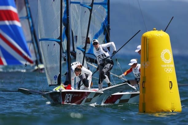 Ida Marie Baad Nielsen and Marie Thusgaard Olsen of Team Denmark compete in the Women's Skiff 49er class on day eleven of the Tokyo 2020 Olympic...