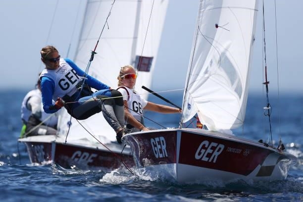 Luise Wanser and Anastasiya Winkel of Team Germany compete in the Women's 470 class on day eleven of the Tokyo 2020 Olympic Games at Enoshima Yacht...