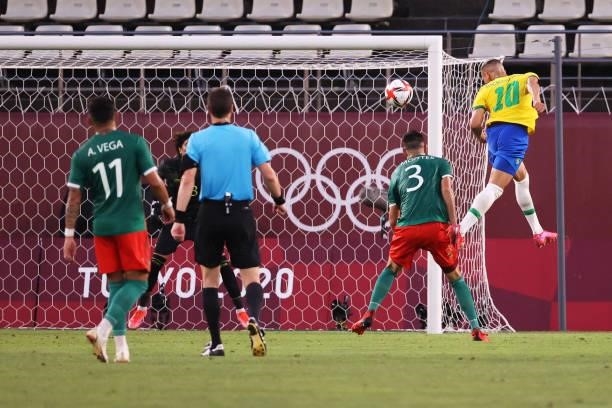 Richarlison of Team Brazil heads a shot on to the post during the Men's Football Semi-final match between Mexico and Brazil on day eleven of the...