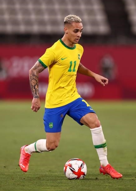 Antony of Team Brazil runs with the ball during the Men's Football Semi-final match between Mexico and Brazil on day eleven of the Tokyo 2020 Olympic...