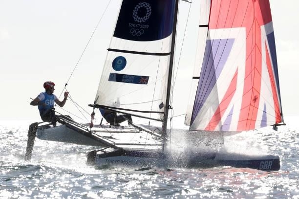 John Gimson and Anna Burnet of Team Great Britain compete in the Nacra 17 Foiling class on day eleven of the Tokyo 2020 Olympic Games at Enoshima...