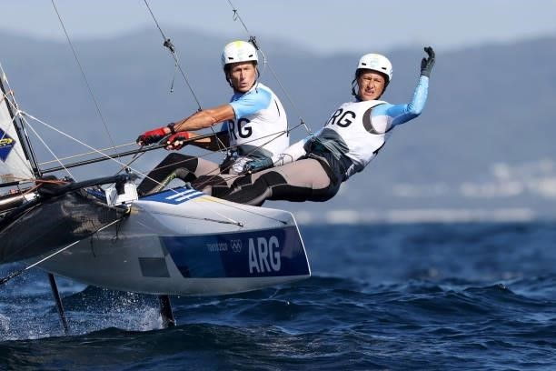 Santiago Raul Lange and Cecilia Carranza Saroli of Team Argentina compete in the Nacra 17 Foiling class on day eleven of the Tokyo 2020 Olympic Games...