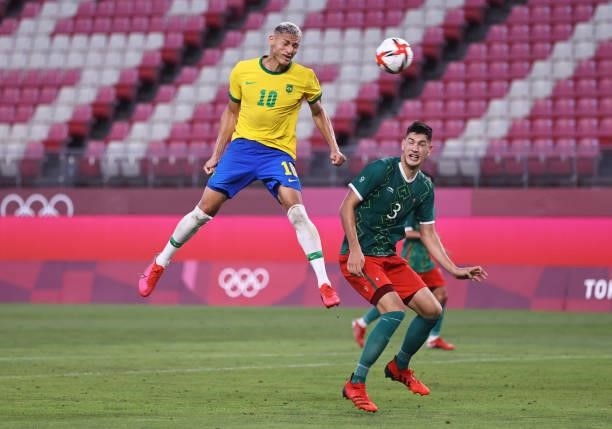 Richarlison of Team Brazil has a headed shot during the Men's Football Semi-final match between Mexico and Brazil on day eleven of the Tokyo 2020...
