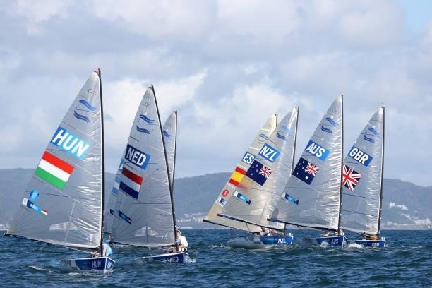 Men's Finn class medal race gets underway on day eleven of the Tokyo 2020 Olympic Games at Enoshima Yacht Harbour on August 03, 2021 in Fujisawa,...