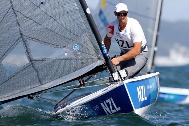 Josh Junior of Team New Zealand competes in the Men's Finn class medal race on day eleven of the Tokyo 2020 Olympic Games at Enoshima Yacht Harbour...