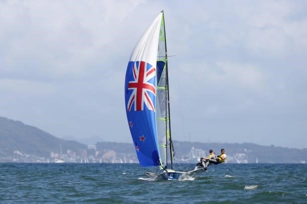 Peter Burling and Blair Tuke of Team New Zealand in the Men's Skiff 49er class medal race on day eleven of the Tokyo 2020 Olympic Games at Enoshima...