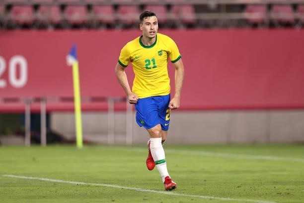 Gabriel Martinelli of Team Brazil celebrates after scoring their side's second penalty during the penalty shoot out during the Men's Football...