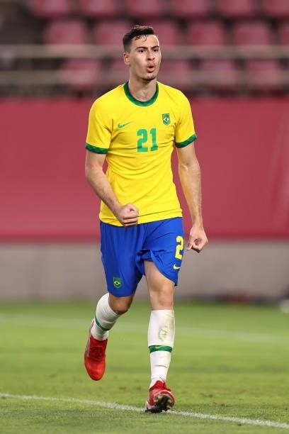 Gabriel Martinelli of Team Brazil celebrates after scoring their side's second penalty during the penalty shoot out during the Men's Football...