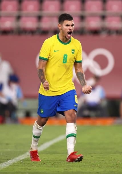 Bruno Guimaraes of Team Brazil celebrates after scoring their side's third penalty during the penalty shoot out during the Men's Football Semi-final...