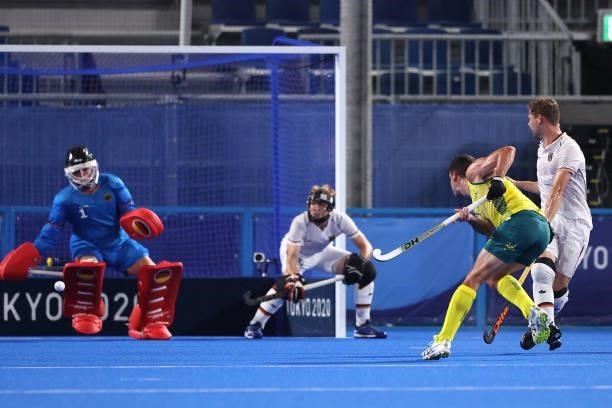 Blake Govers of Team Australia scores their team's second goal from a penalty corner during the Men's Semifinal match between Australia and Germany...