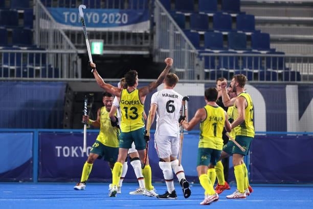 Blake Govers of Team Australia celebrates after scoring their team's second goal during the Men's Semifinal match between Australia and Germany on...