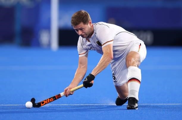 Martin Dominik Haner of Team Germany passes the ball during the Men's Semifinal match between Australia and Germany on day eleven of the Tokyo 2020...