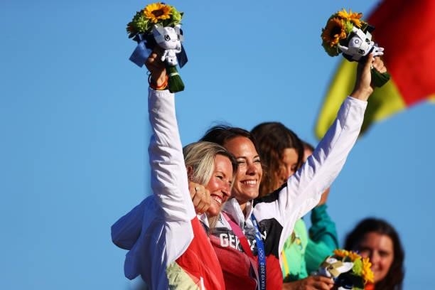 Tina Lutz and Susann Beucke of Team Germany pose with the silver medals for the Women's Skiff 49er class on day eleven of the Tokyo 2020 Olympic...