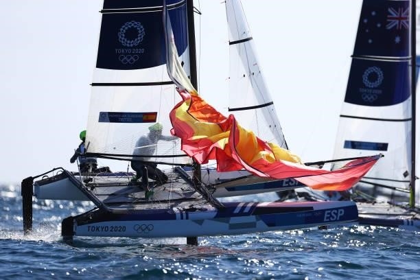 Tara Pacheco van Rijnsoever and Florian Trittel Paul of Team Spain compete in the Nacra 17 Foiling class on day eleven of the Tokyo 2020 Olympic...