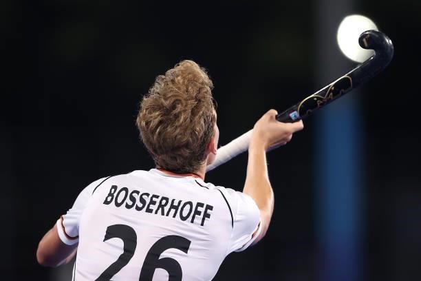 Niklas Bosserhoff of Team Germany controls the ball during the Men's Semifinal match between Australia and Germany on day eleven of the Tokyo 2020...