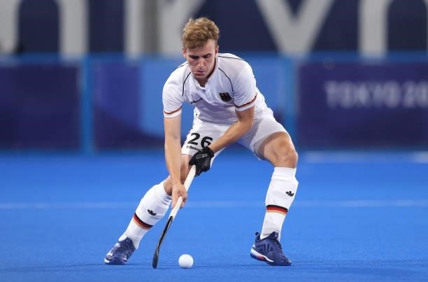 Niklas Bosserhoff of Team Germany passes the ball during the Men's Semifinal match between Australia and Germany on day eleven of the Tokyo 2020...