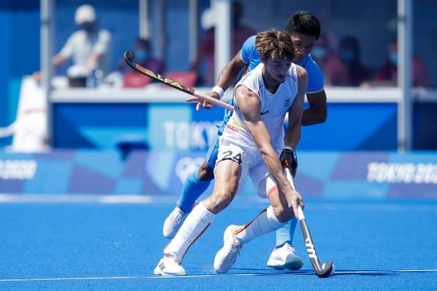 Nilakanta Sharma of India, Antoine Kina of Belgium competing in the Men's Semi Final between India and Belgium during the Tokyo 2020 Olympic Games at...