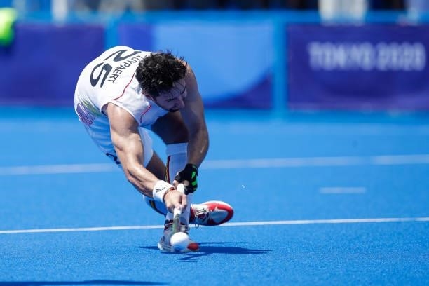 Loick Luypaert of Belgium competing in the Men's Semi Final between India and Belgium during the Tokyo 2020 Olympic Games at the Oi Hockey Stadium on...
