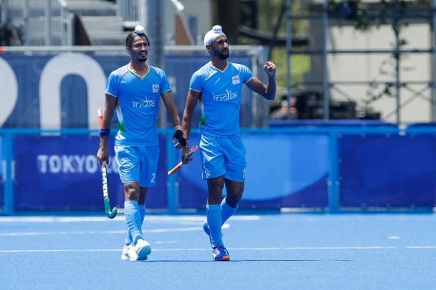 Dilpreet Singh of India, Mandeep Singh of India competing in the Men's Semi Final between India and Belgium during the Tokyo 2020 Olympic Games at...