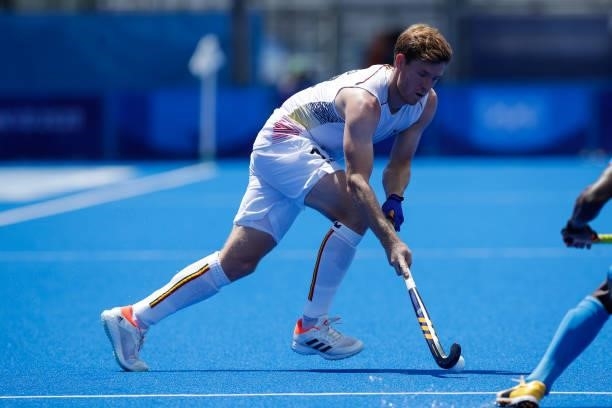 Gauthier Boccard of Belgium competing in the Men's Semi Final between India and Belgium during the Tokyo 2020 Olympic Games at the Oi Hockey Stadium...