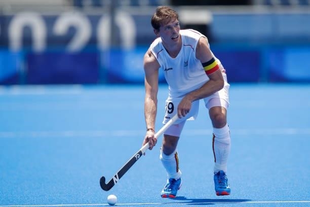 Felix Denayer of Belgium competing in the Men's Semi Final between India and Belgium during the Tokyo 2020 Olympic Games at the Oi Hockey Stadium on...