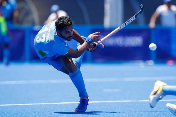 Harmanpreet Singh of India competing in the Men's Semi Final between India and Belgium during the Tokyo 2020 Olympic Games at the Oi Hockey Stadium...