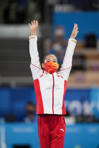 Silver medalist Tang Xijing of Team China celebrates on the podium after the Women's Balance Beam Final on day eleven of the Tokyo 2020 Olympic Games...