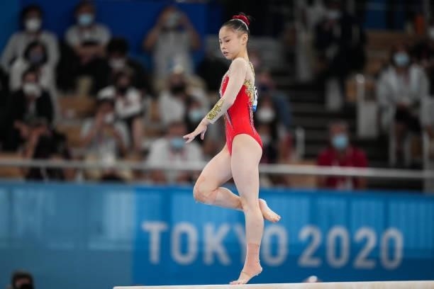 Guan Chenchen of Team China competes during the Women's Balance Beam Final on day eleven of the Tokyo 2020 Olympic Games at Ariake Gymnastics Centre...