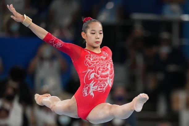 Tang Xijing of Team China competes during the Women's Balance Beam Final on day eleven of the Tokyo 2020 Olympic Games at Ariake Gymnastics Centre on...